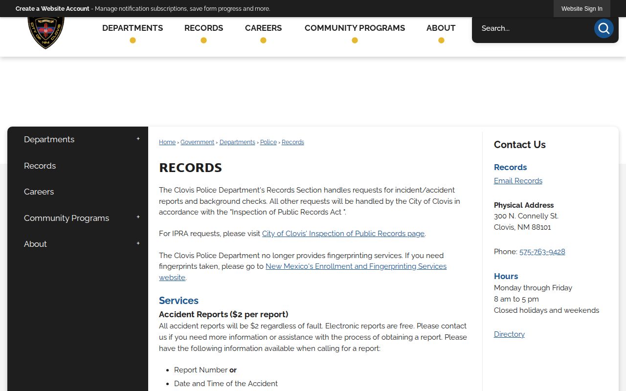 Curry County Clovis Police records request page for arrest records